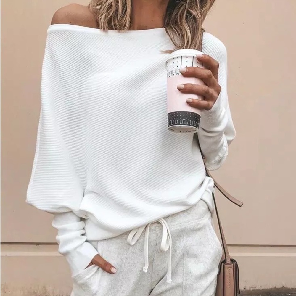 casual White off shoulder loose knit women cozy tops sweater